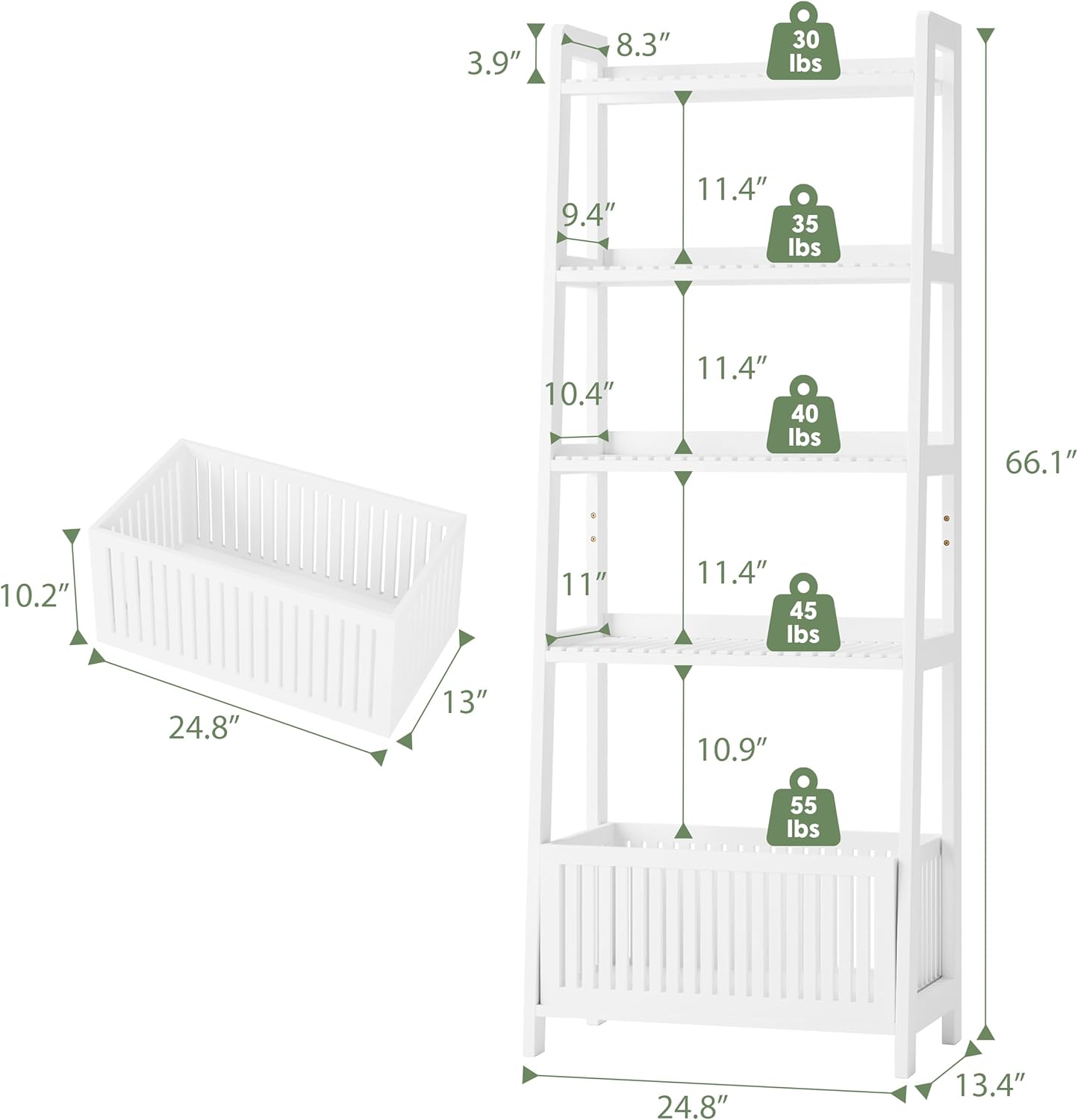 Bamjoy Bamboo White Bookshelf with Slatted Basket, Ladder Bookcase with 4 Display Shelves and 1 Open Storage Basket, Multifunctional Storage Rack Organizer for Home Office, Bedroom, Living Room, 66” H