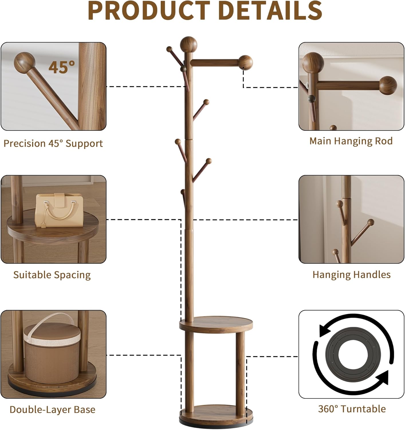Solid Wood Rotary Coat Rack, Freestanding 360° Swivel Coat Rack with Heavy-Duty Base, 8 Hooks & 2-Tier Shelves for Entryway, Bedroom, Office, Standing Coat Tree for Jackets, Hats, Bags (Walnut)