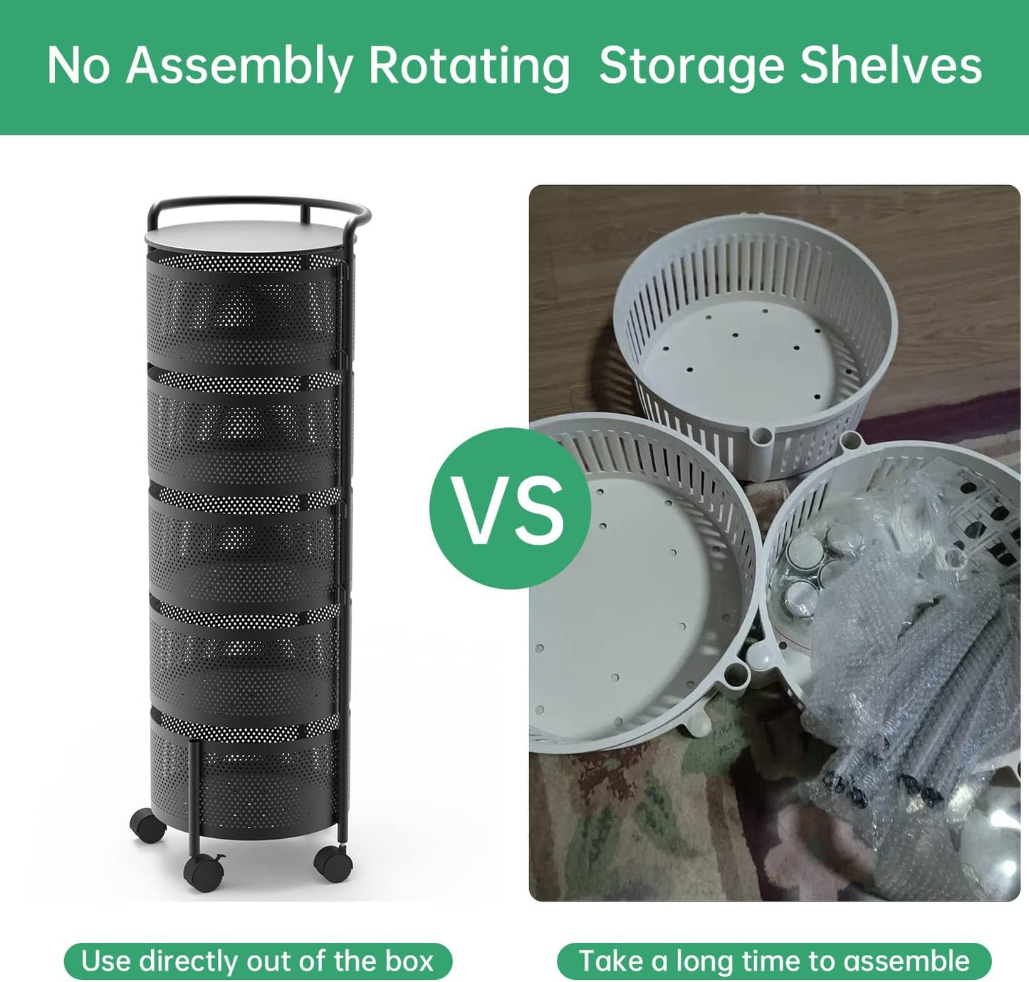 JAQ Rotating Fruit Basket, 5-Tier Metal Sturdy Kitchen Storage Rack Shelf Carts No Assembly on Rolling Wheels for Fruit Vegetable Grocery Corns Potato Onion (5-Tier, Black)