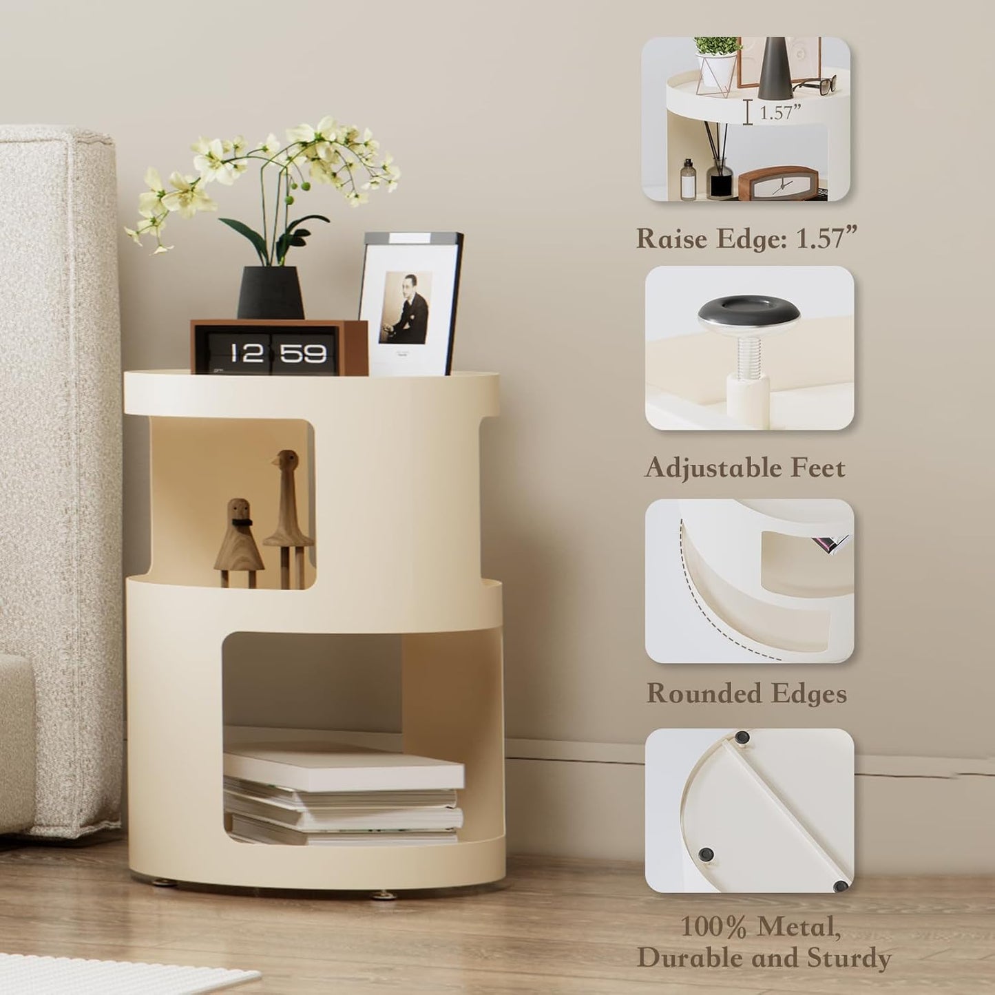 XIV Side Table, Round End Table, Modern Nightstand, Metal Accent Table, Small Bed Side Table for Living Room Bedroom, Bedside Table, Night Stand, No Assembly Required (Off White, Round)