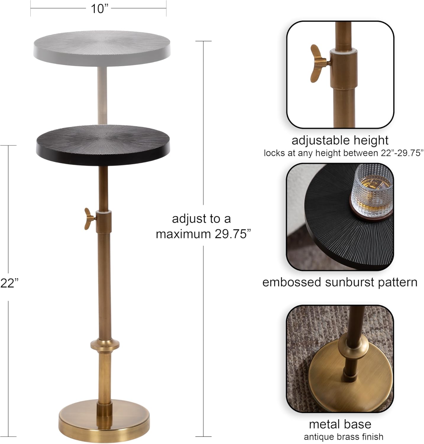 Kate and Laurel Engles Traditional Adjustable-Height Pedestal Drink Table, 10 x 10 x 30, Antique Brass and Black, Vintage Round Indoor Metal Plant Stand with Embossed Sunburst Pattern