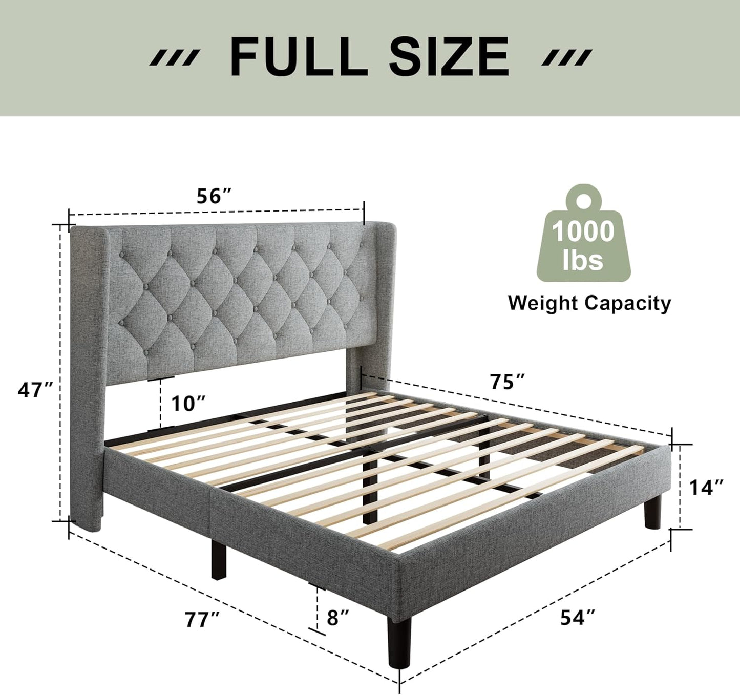 Feonase Full Size Bed Frame with Upholstered Wingback Headboard, Platform Bed and Heavy Duty Wooden Slats Support, Easy Assembly, Noise-Free, No Box Spring Needed, Light Gray