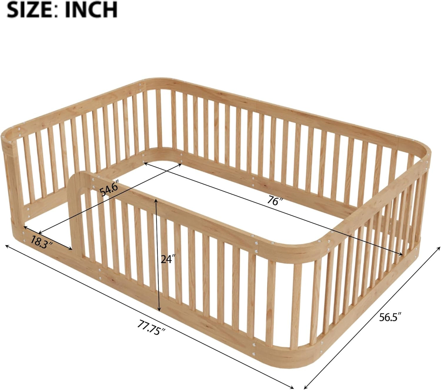 Full Floor Bed with High Fence and Rounded Corner Design, Montessori Floor Bed Frame with Guardrail and Entrance, Easy Assemble Montessori Beds Full Size, Natural