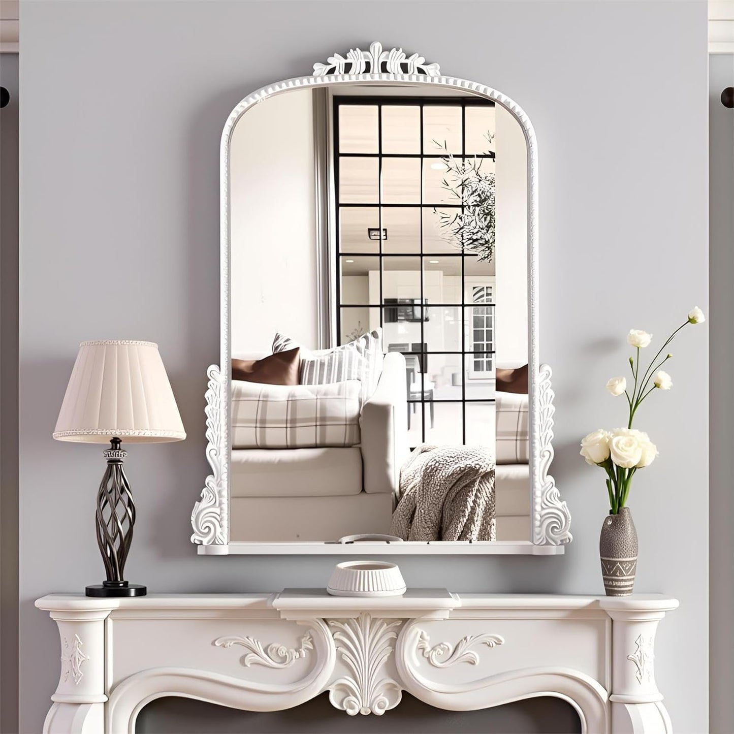 SHYFOY Antique Wall Mirror - White Baroque Arch Mirror for Wall Decor, 31.5" x 23.6" Decorative Mirror, Traditional Elegance for Living Room, Entryway, Mantel