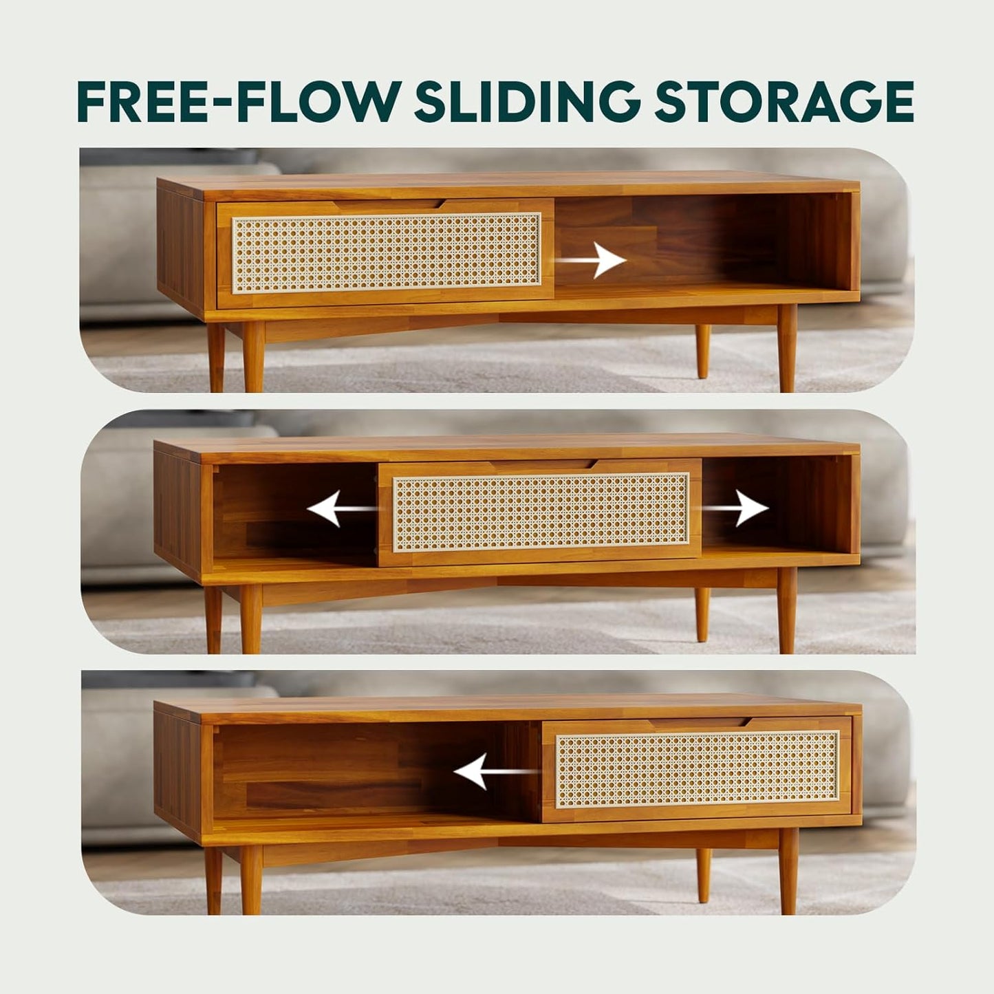 Bme Oliver Coffee Table, Mid Century Modern Coffee Table, Side Table with Storage, 2 Drawers & Open Compartments, Solid Wood Legs with Adjustable Levelers, Rattan Accent for Living Room, Caramel