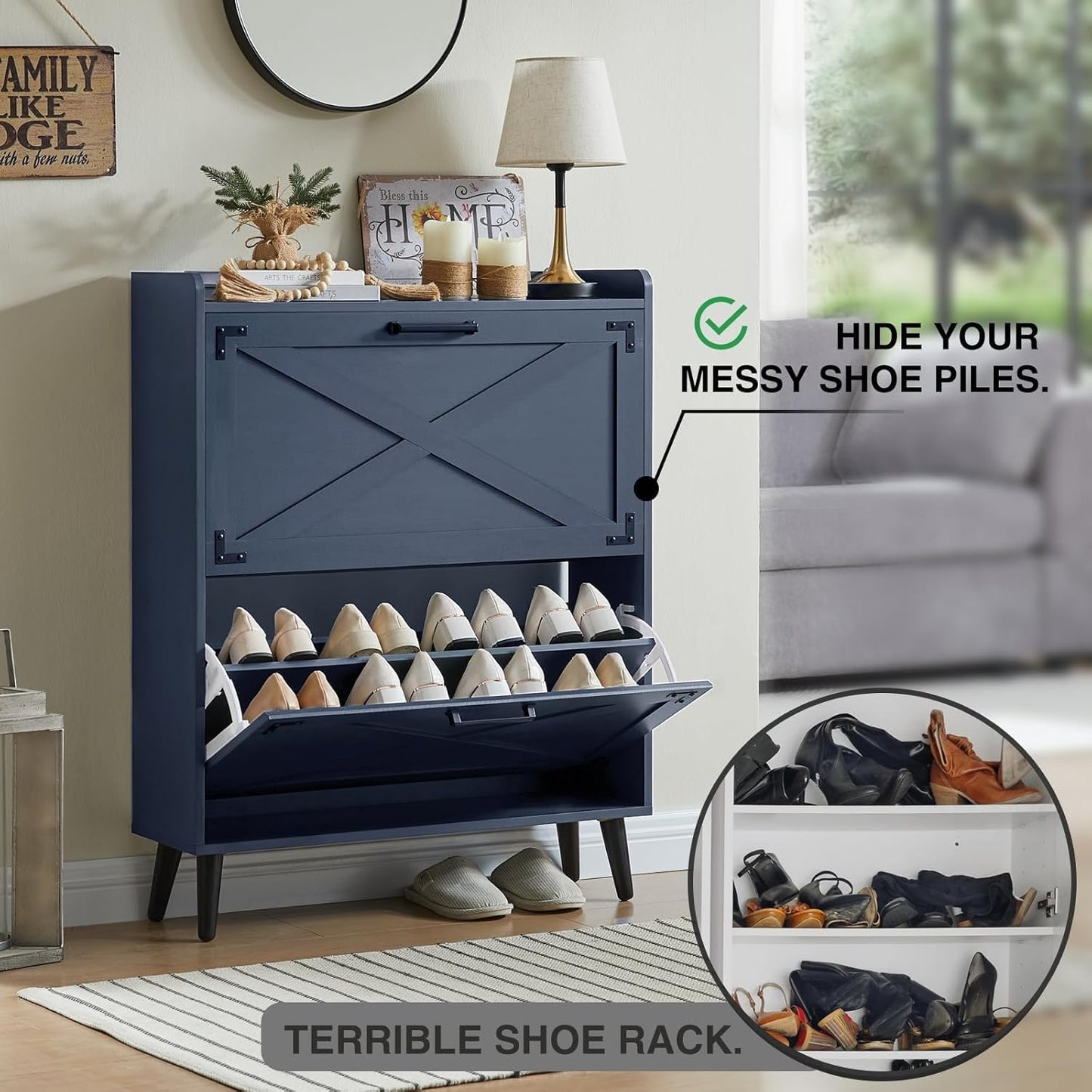 Shoe Storage Cabinet,Farmhouse Shoe Organizer with 2 Flip Drawers & Barn Door Design,Freestanding Hidden Slim Narrow Shoe Rack Cabinet for Entryway,Foyer,Hallway,Blue