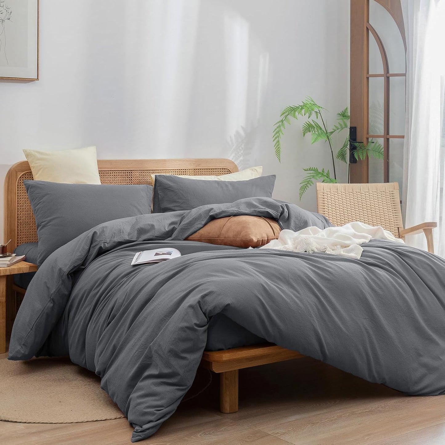 BESTOUCH Duvet Cover Set 100% Washed Cotton Linen Feel Super Soft Comfortable Chic Lightweight 3 PCs Home Bedding Set Solid Quiet Shade Grey Queen