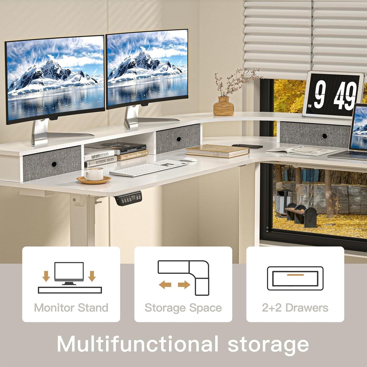 67" L Shaped Standing Desk, Electric Height Adjustable Corner Table with Drawers, Modern Standing Gaming Desk with Monitor Stand for Home Office Entertainment, Snow White