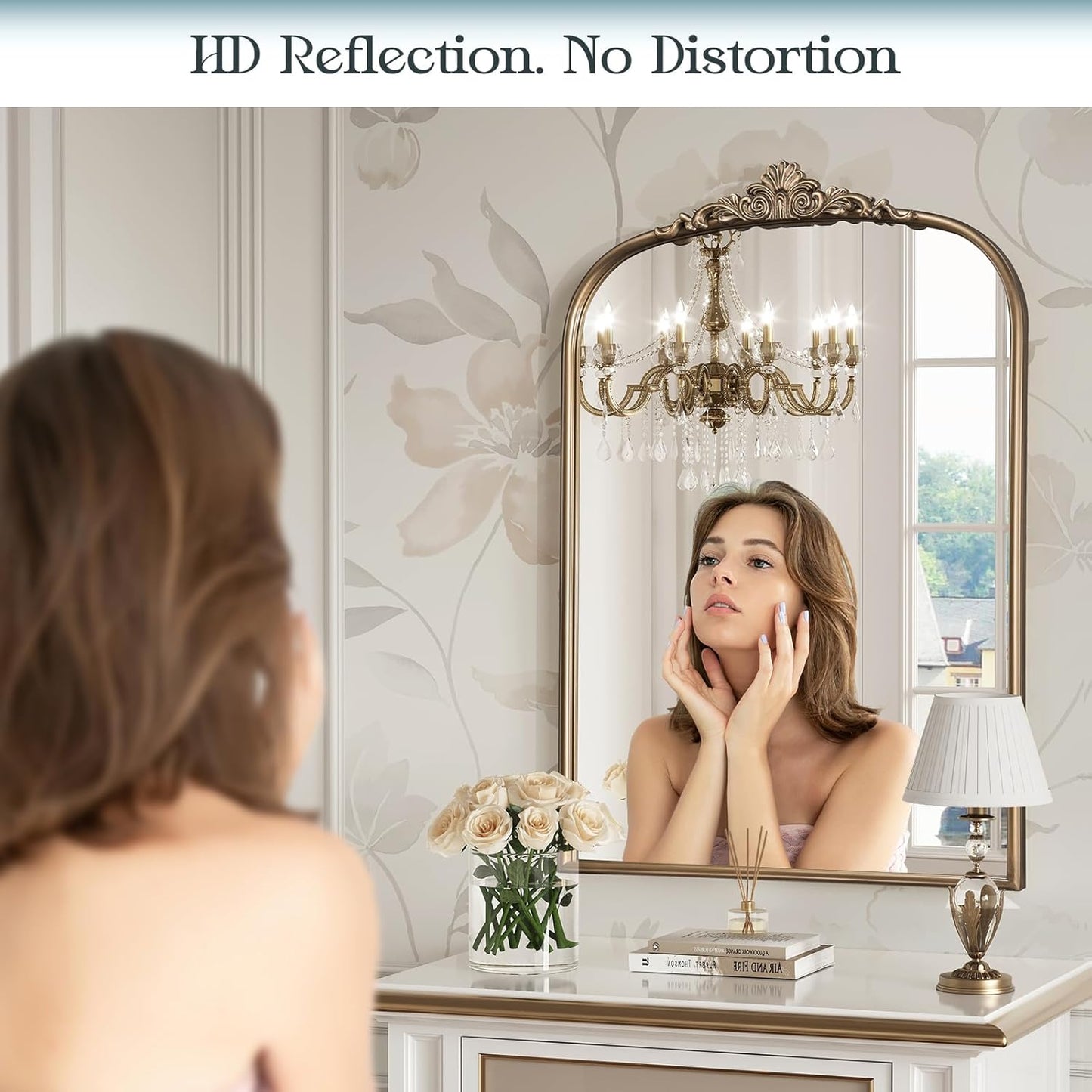 24" x 36" Antique Gold Arched Mirror for Wall, Vintage Brass Bathroom Mirror with Metal Frame, Bronze Ornate Gold Vanity Mirror for Entryway, Mantel, Powder Room