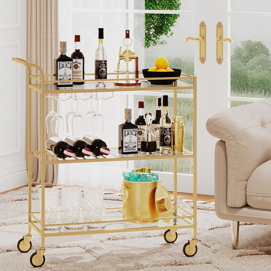Gold Bar Cart, Home Bar Serving Cart with Handle, Wine Cart with 3-Tier Glass Shelves, Beverage Cart with Wine Rack and Glass Holder, Bar Carts for The Home, Dining Room, Living Room