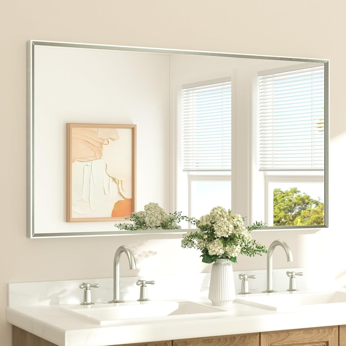 TETOTE Brushed Nickel Bathroom Vanity Mirror 55" x 30" Beveled Framed Bathroom Wall Mirror for Over Sink Brushed Nickel, Tempered Glass, Modern Farmhouse Bedroom, Entryway, Living Room