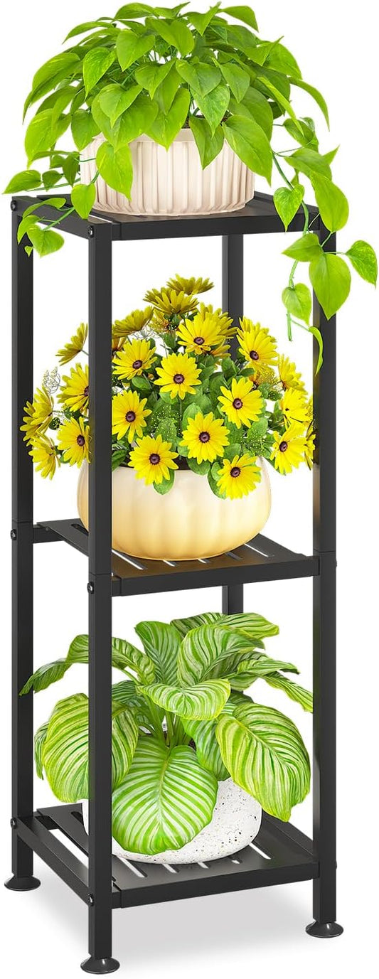 KMOTASUO 3 Tiered Black Tall Plant Stand for Indoor Outdoor, Heavy Duty Metal Multiple Large Planter Rack for Narrow Corner, Sturdy Iron Vertical Flower Holder for Modern House, Patio, Bathroom, Porch
