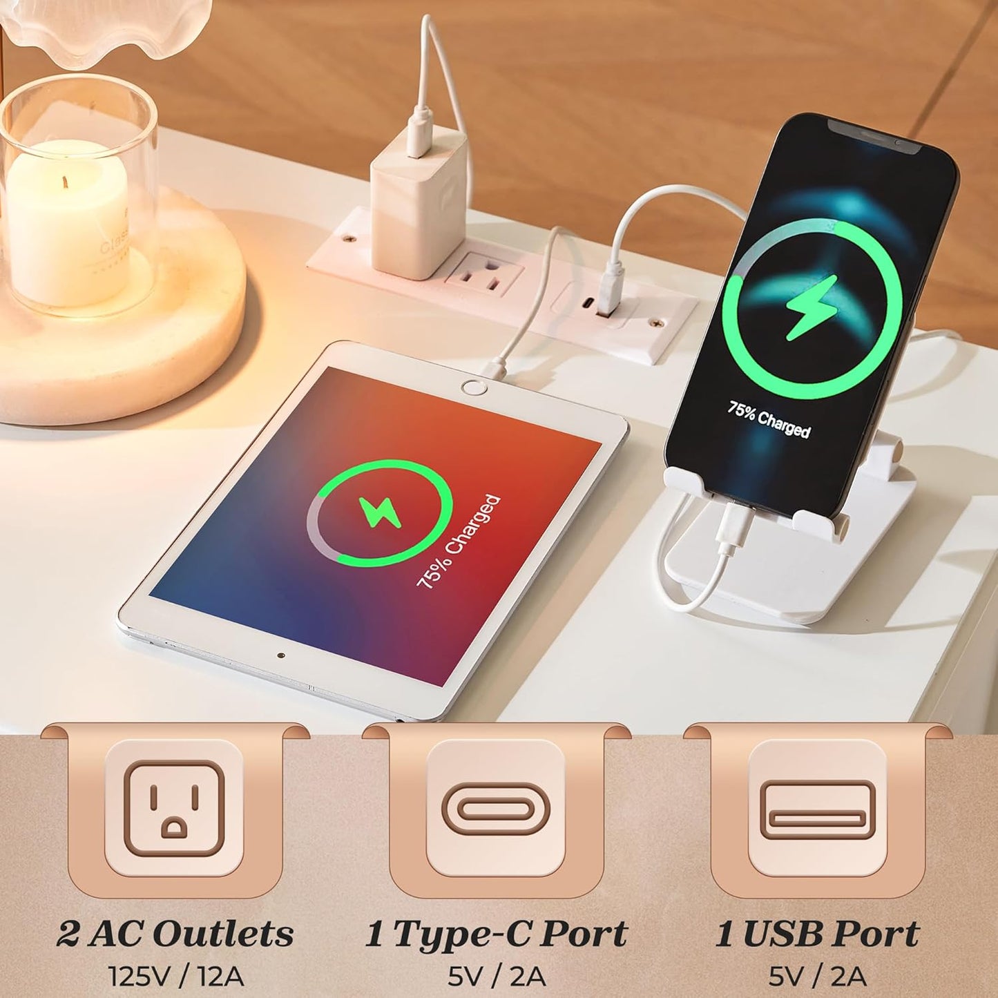 Huuger White Nightstand Set of 2, Night Stand with Charger Station, Bedside Table with 2 Drawers, Bed Side Tables for Bedroom, Modern Nightstands, Metal Knobs, Painted Surface