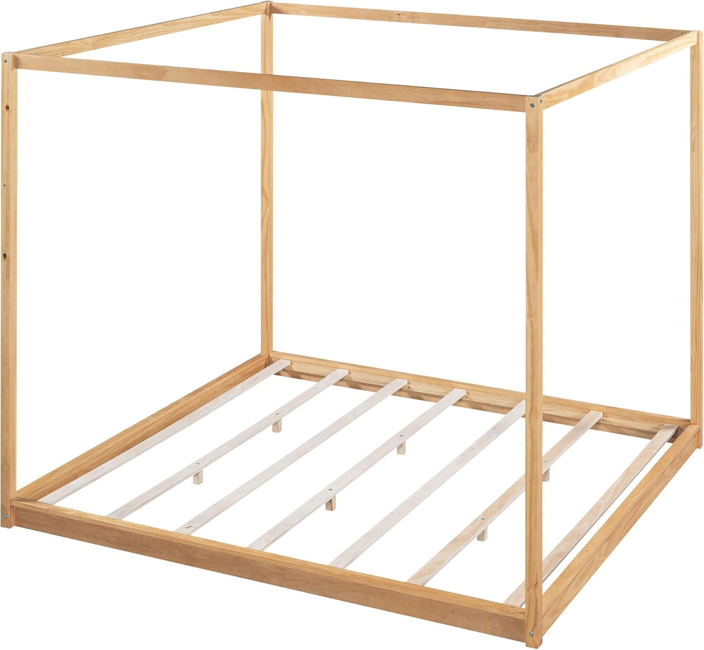 King Size Canopy Platform Bed with Support Legs,Solid Wood Bed Frame,4-Post Canopy-Platform-Bed for Kids Teens Adults, No Box Spring Needed,Natural