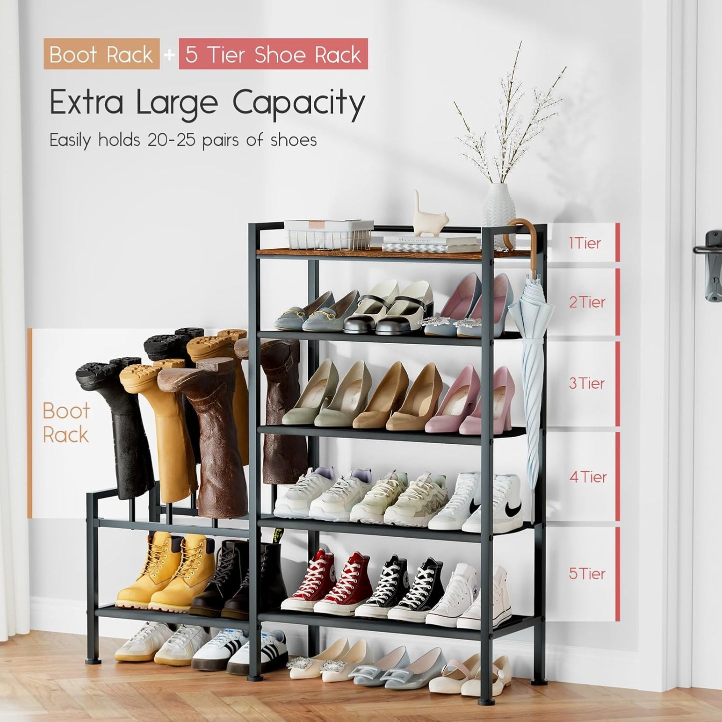 Shoe Rack Organizer and Storage - 5 Tier Metal Shoe Rack with Boot Storage & Side Any Combination - Space Saving Shoe Shelf for Entryway, Bedroom, Closet, Garage, Small Spaces