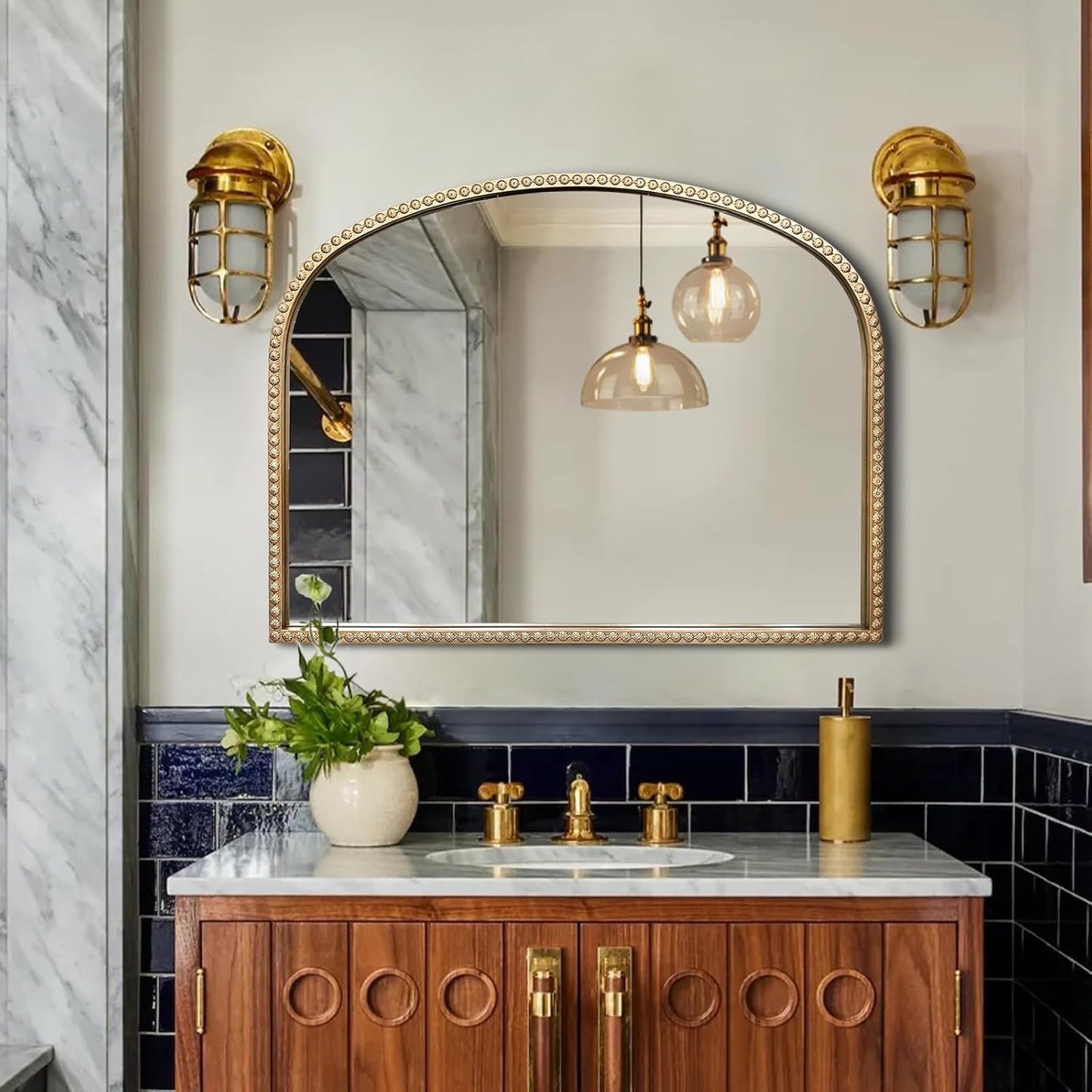 Gold Arch Mirror, 36"x28" Metal Beaded Frame Mirror, Ornate Decorative Accent Mirrors, Vintage Arched Mirrors for Vanity Bathroom Bedroom Entryway Living Room Fireplace