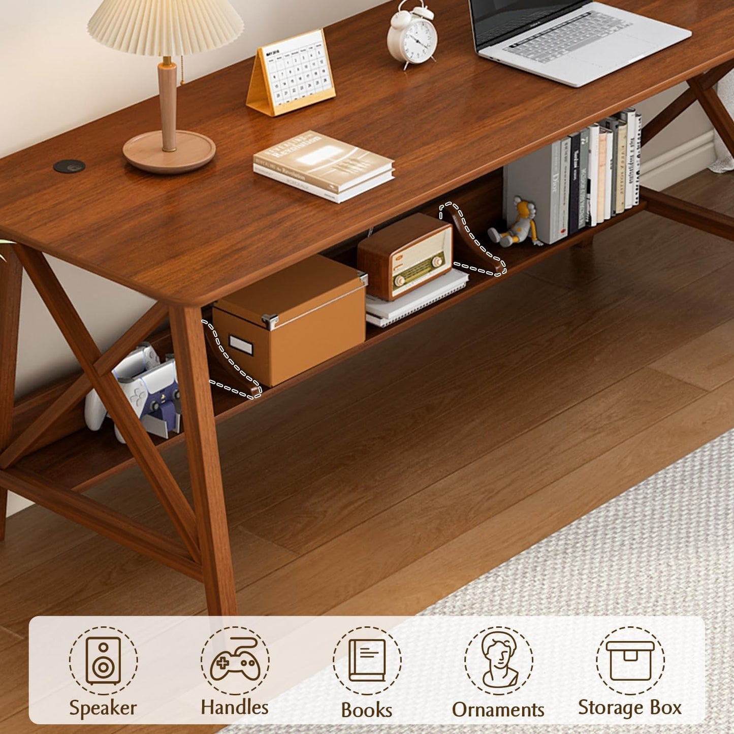 Extra Long Desk with Bookshelf - Wooden Home Office Work Study Table, 2-Person Writing Computer Workstation with Storage Shelf in Walnut, 71" Wx24 Dx30 H