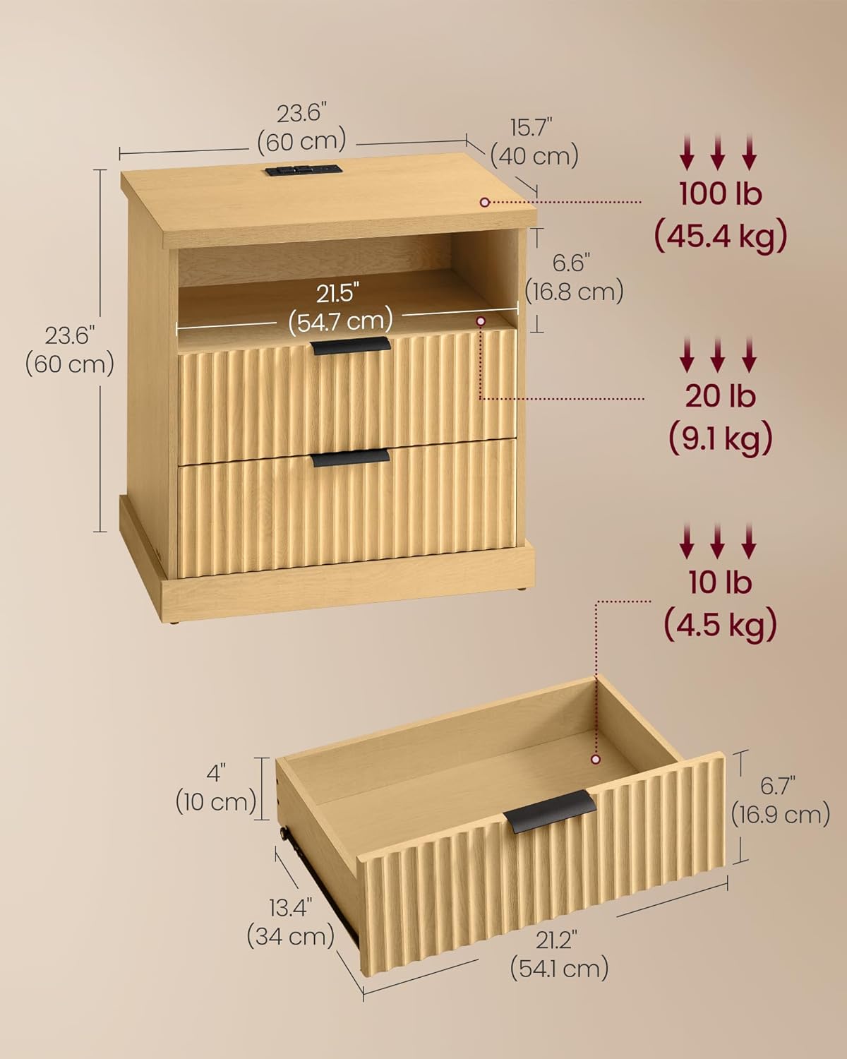 VASAGLE MAXE Collection - Nightstand with Charging Station, Bedside Table, Side End Table with 2 Drawers, Open Shelf, 2 AC Outlets, 2 USB Ports, Transitional, for Bedroom, Oak Beige ULET626Y01S