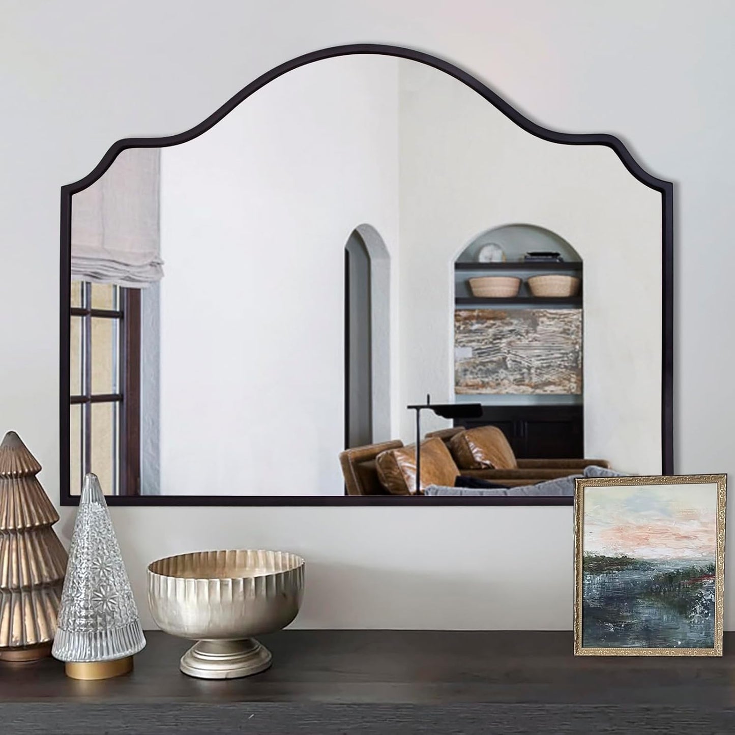 Chende Black Arched Mirror, 36'' x 24'' Decorative Wall Mirror with Wooden Frame, Modern Scalloped Mirror for Entryway, Living Room, Fireplace