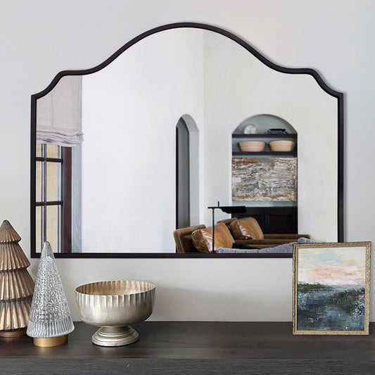Chende Black Arched Mirror, 36'' x 24'' Decorative Wall Mirror with Wooden Frame, Modern Scalloped Mirror for Entryway, Living Room, Fireplace