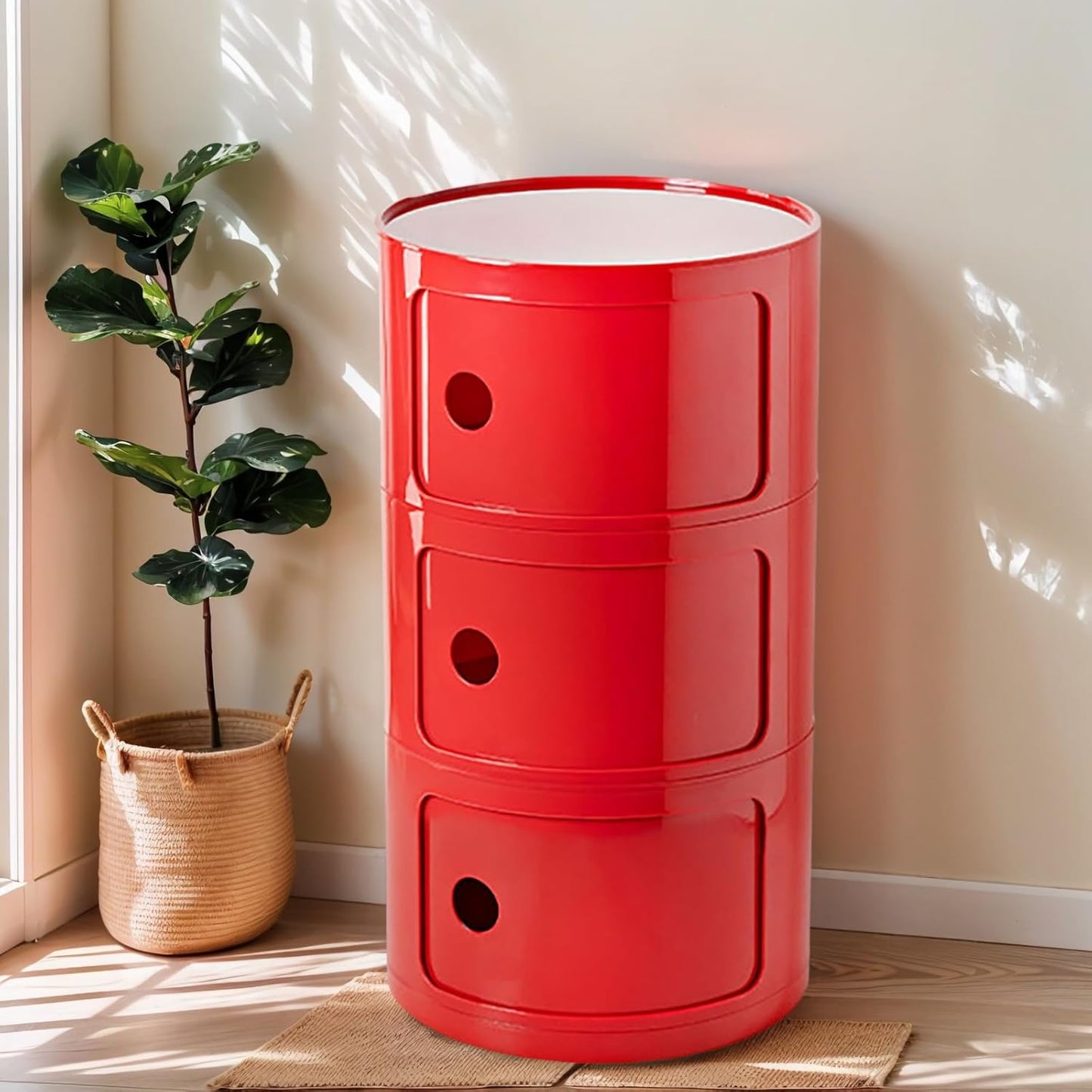 3 Tier Round Nightstand with Drawers, Red Round Side Table Small Plastic Storage End Table Suitable for Bedroom, Living Room, Bathroom (Red)