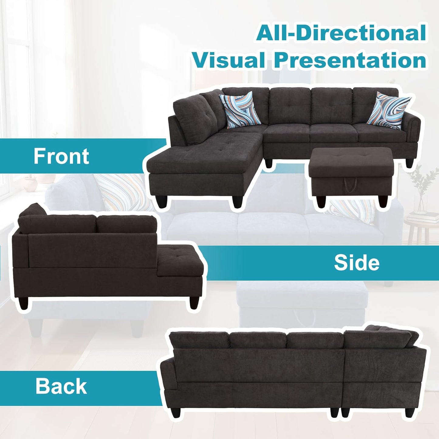 L Shaped Couch Modern Sectional Couch Upholstered Fluffy Fabric 3 Pieces Sofas for Living Room with Chaise, Storage Ottoman for Office and Small Apartment, Dark Brown