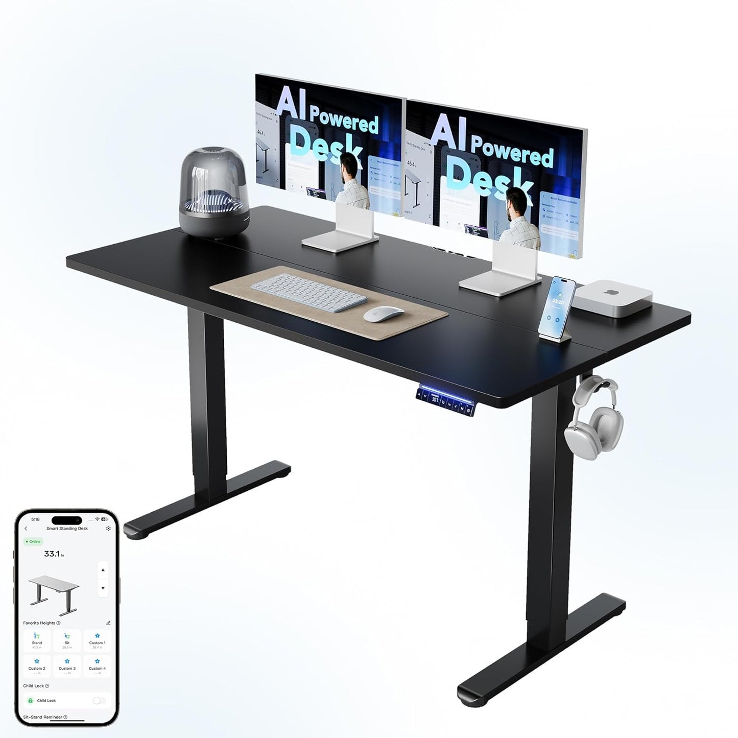 HUANUO 55 inch Electric Standing Desk with Smart APP, Alexa & Google Voice Control, Wi-Fi, Adjustable Height, 6 Memory Settings, Sedentary Reminder, Posture & Neck Care, Sit-Stand Desk, Black