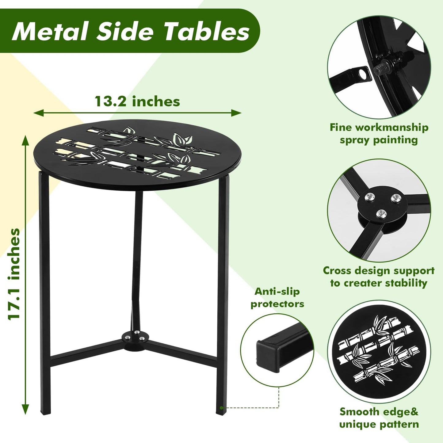 2 Packs 13" Metal Outdoor Side Tables Small Black Outside End Table for Patio Round Accent Corner Stand for Small Spaces Weather-Resistant Coffee Table for Balcony Porch Plant Stand, Bamboo Leaf
