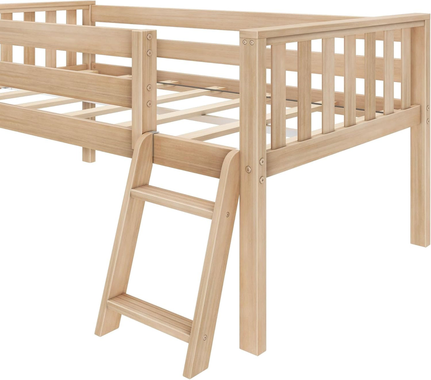 Max & Lily Twin Ultra Low Loft Bed with Slide and Climbing Ladder, Solid Wood Bed for Kids, Space Saving Design for Small Rooms, Twin Size Loft Bed with 14 Inch Guardrails, Anti Slip Steps, Blonde