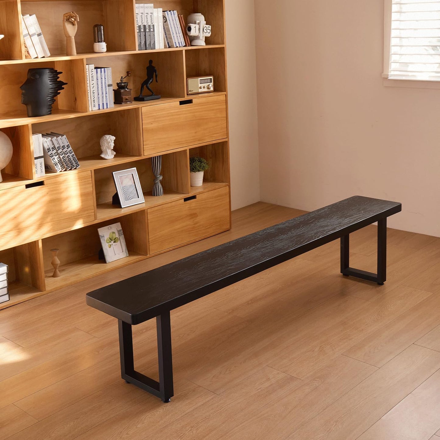 Black Bench Wooden Bench with Metal Legs Suitable for Dining Room Living Room Office Conference Room Indoor Stool Multiple （62.99in）