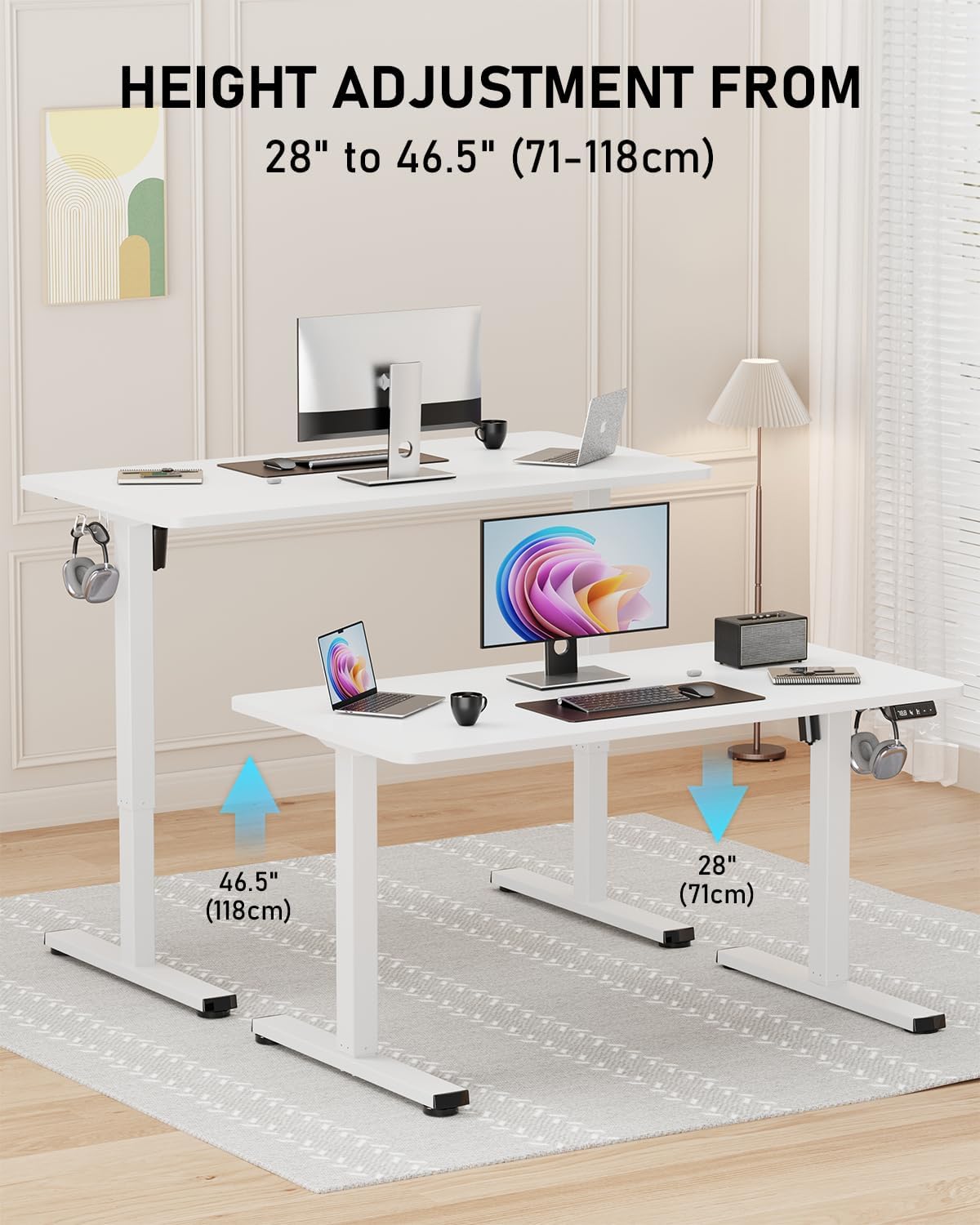 Standing Desk, Small Height Adjustable Electric Stand up Desk, 40" x 24" Sit Stand Computer Home Office Desk with Splice Board, White Frame/White Top
