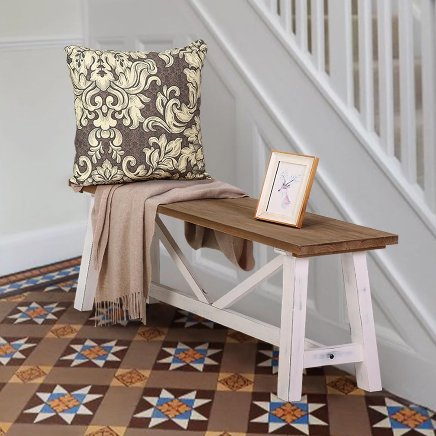 Wnutrees 43" Farmhouse Wood Bench, Narrow Bench, Long Bench Seat for Entryway, Living Room, Dining Room, Solid Wood, White