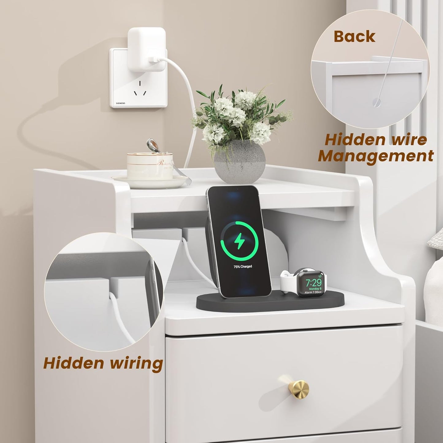 Narrow Nightstand, Solid Wood Night Stand with 2 Drawers, Black Mid Century Modern Nightstand, Small Beside Table with Open Storage Shelf for Bedroom（12 inch