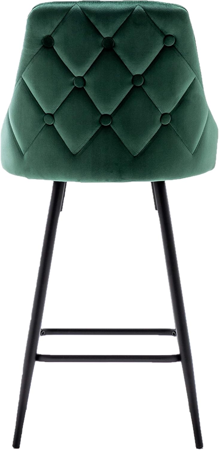 BTEXPERT Set of 2 Pack, Premium upholstered Dining 25" High Back Stool Bar Chairs, Green Velvet Tuftet Diamond Back