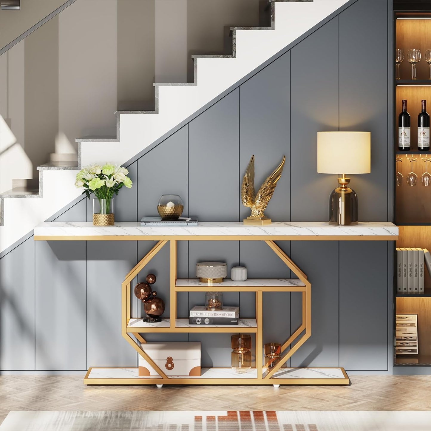 Tribesigns 70.9 inch Extra Long Console Table, Modern Gold Sofa Table Behind Couch with Storage, 4 Tier Entryway Accent Table for Living Room, Hallway, Entrance, Faux Marble White