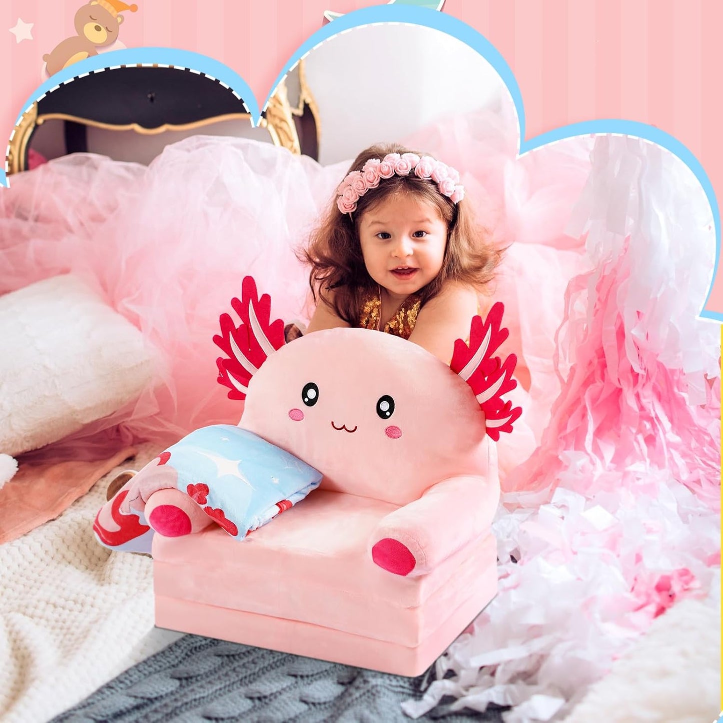 Axolotl Kids Couch Fold out 2-in-1 Toddler Sofa Fold out with Blanket, Soft Toddler Chair Comfy for Boy Girl Baby, Convertible Sofa to Lounger for Napping Reading Playing Christmas, Light Pink