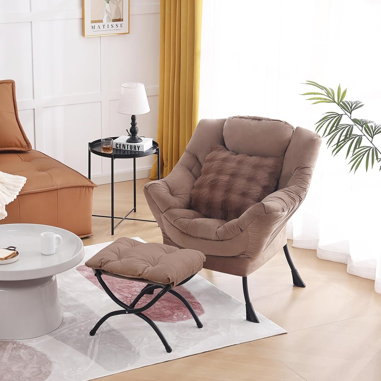 Large Lazy Chair with Ottoman, Accent Reading Chair with a Throw Pillow, Cozy Lounge Chair with Armrest, Leisure Sofa Chair for Living Room, Bedroom, Dorm, Khaki