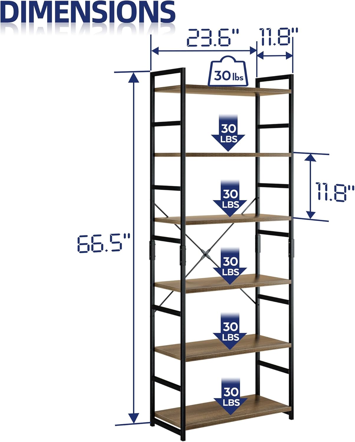 NUMENN 6 Tier Bookshelf, Tall Bookcase Shelf Storage Organizer, Modern Book Shelf for Bedroom, Living Room and Home Office, Dark Walnut
