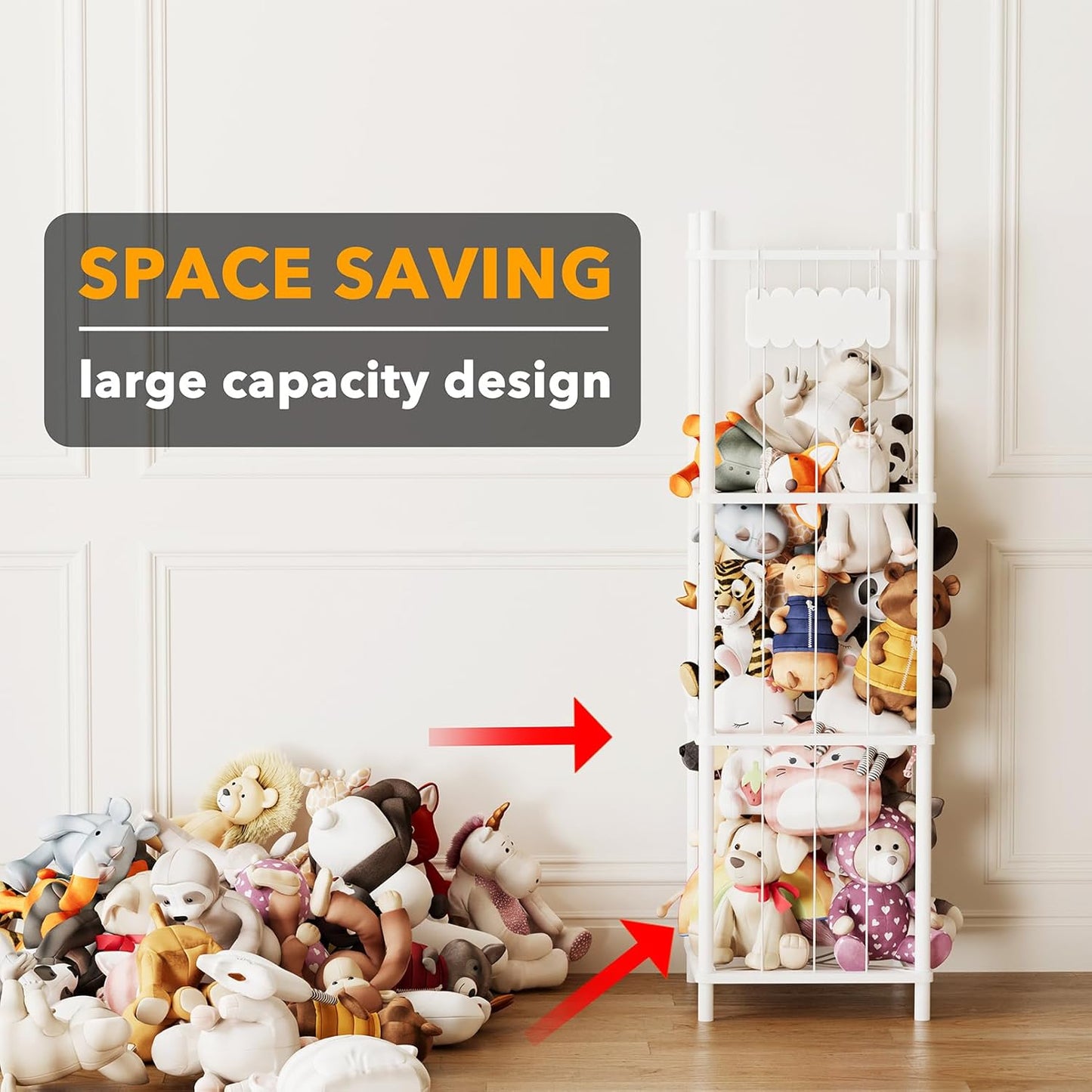 SpaceAid Stuffed Animal Storage Organizer, Wood Animals Zoo Toy Plushies Storage Holder, Large Capacity Plush Toy Cage for Playroom Organization, 15.8" Wide, White