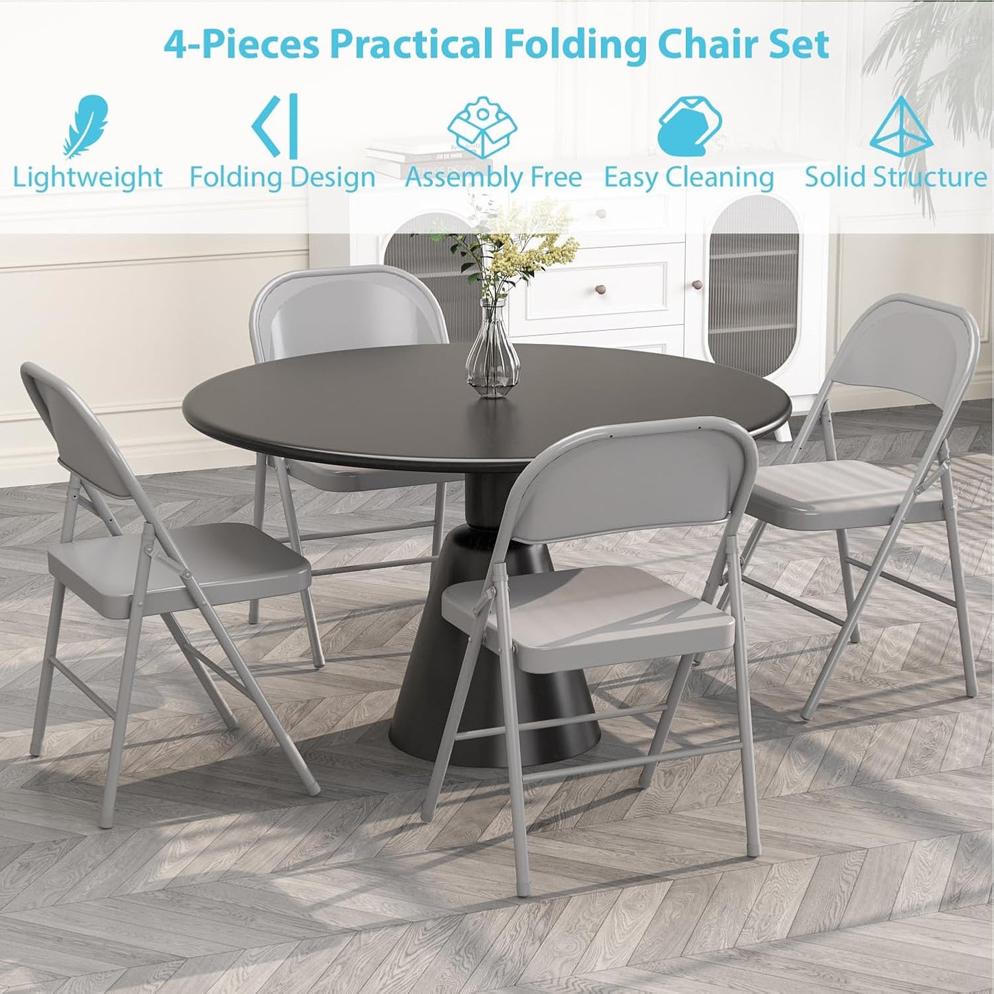 Metal Folding Chairs Steel Frame with Double Hinged for Office Kitchen Dinning Wedding Patio and Garden,No Assembly, Set of 4, Grey