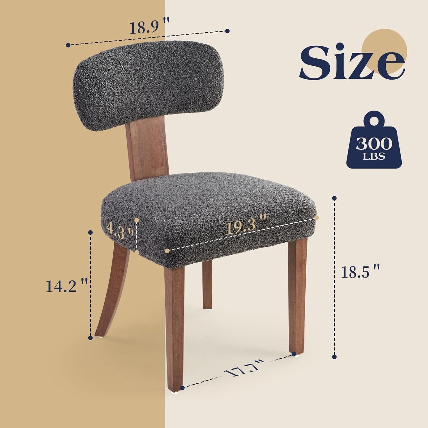 Farmhouse Chair Set of 2, Mid Century Modern Dining Chairs, Sherpa Upholstered Kitchen Chairs with Curved Backrest & Adjustable Legs for Living Room/Bedroom, Easy to Install, Grey Sherpa