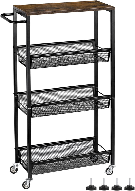 MOOACE Slim Storage Cart, 4 Tier Rolling Kitchen Shelving Unit on Wheels Mobile Narrow Cart with Wooden Tabletop for Bathroom, Laundry Narrow Places, 16.6''x 7.3''x 31.1''inch