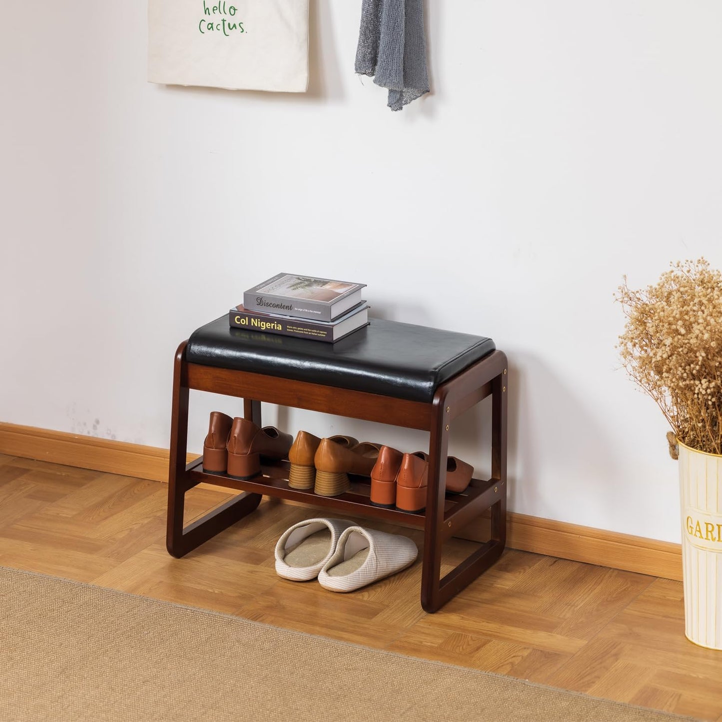 Solid Wood Shoe Bench, 2-Tier Entryway Bench with Cushion and Flip-Open Storage Box, Mid-Century Modern Shoe Bench Rack for Hallway, Mudroom(Black, 21.65'')