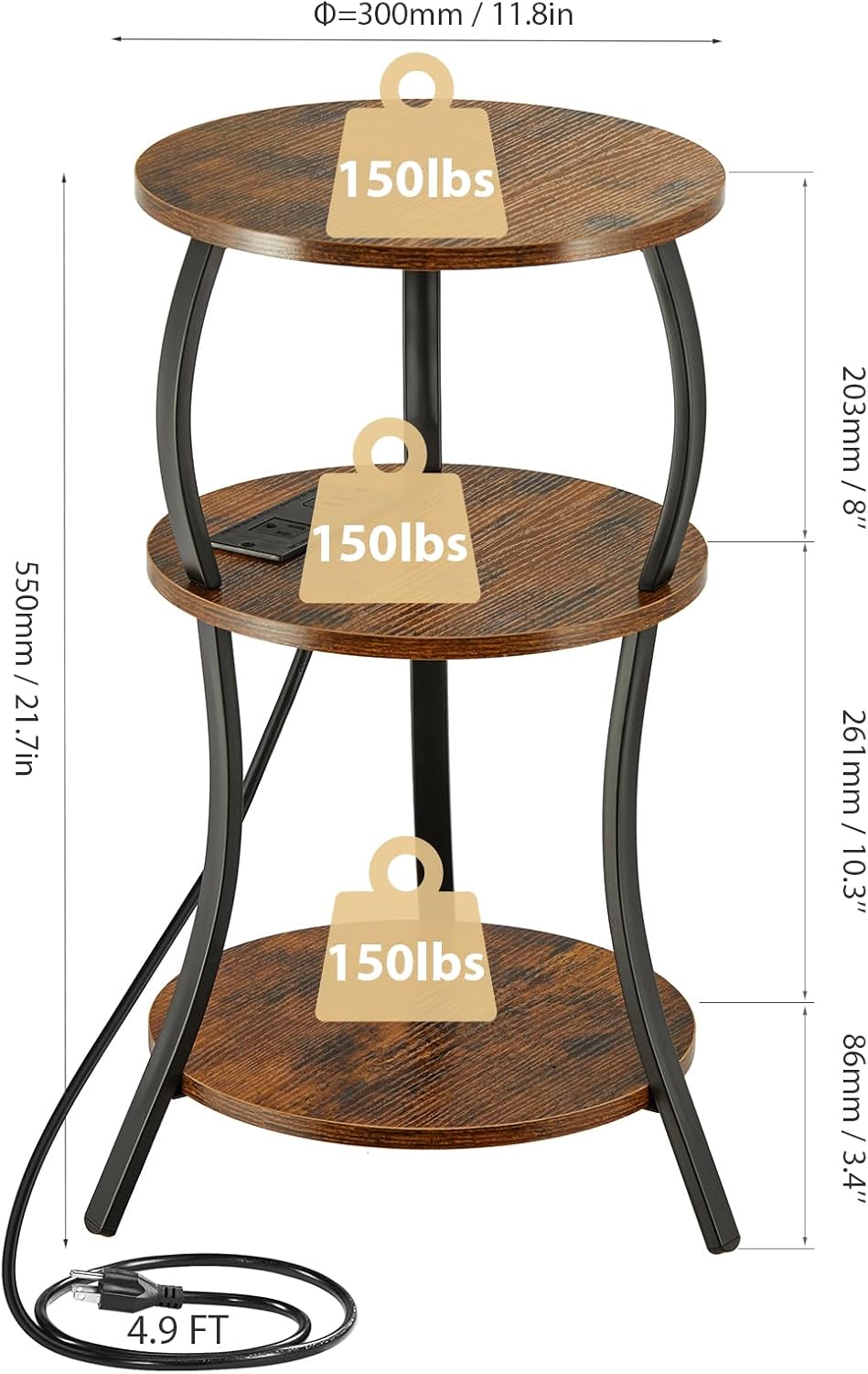 Small Round Side Table with Charging Station, 3-Tier Waist Circular End Table with Storage Shelf, Compact Tea Sofa Side Table Small Spaces, Round Corner Coffee Table for Living Room Bedroon,Brown