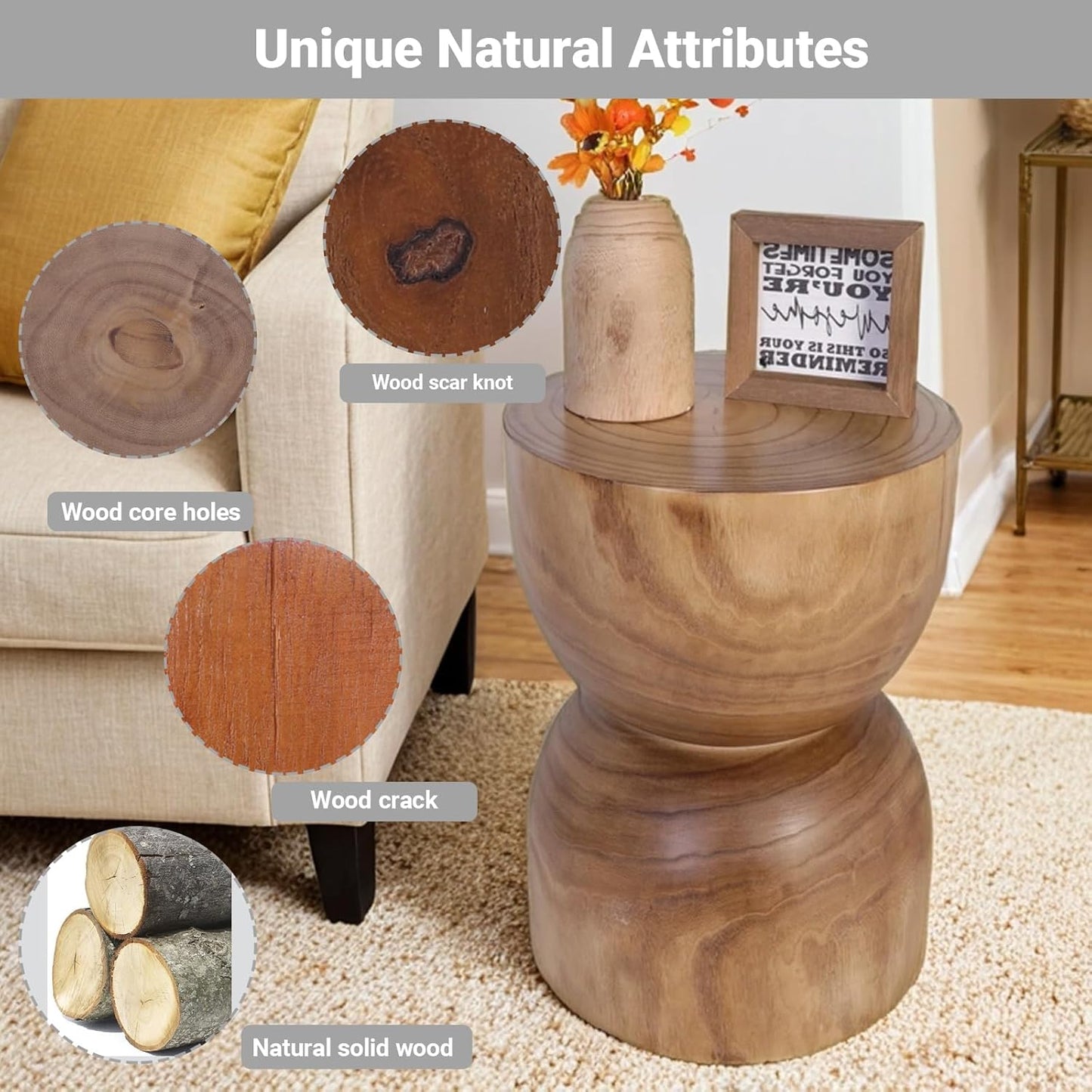Small Wooden Side Table, 15.75" H Hand Carved Rustic Tree Stump End Table, Natural Paulownia Wood Compact Round Coffee Table, Mini Indoor Outdoor Wood Stool for Living Room, Bedroom, Patio, Garden