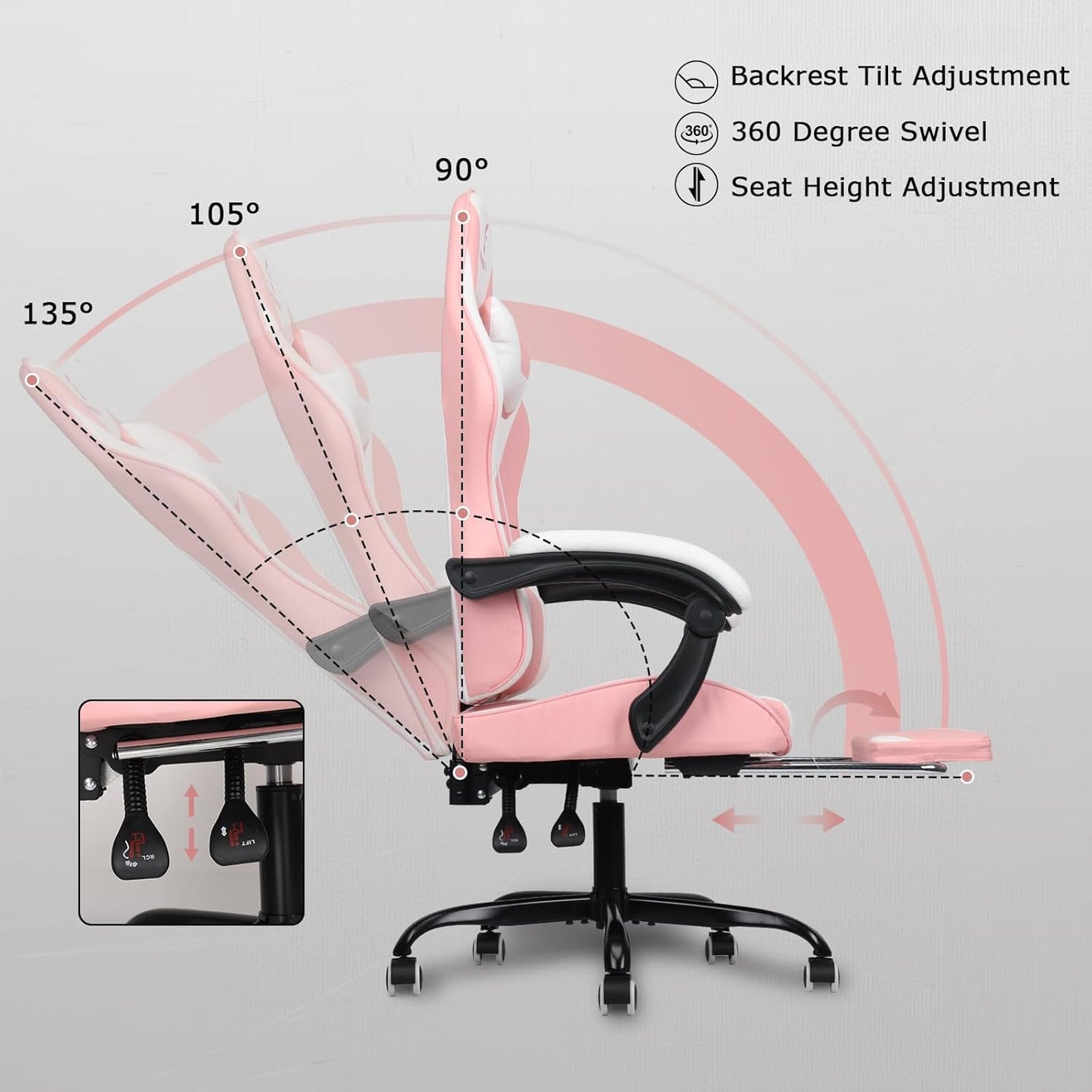 Gaming Chair with Linkage Armrest & Footrest, High Back Video Gaming Chair, Pink/White