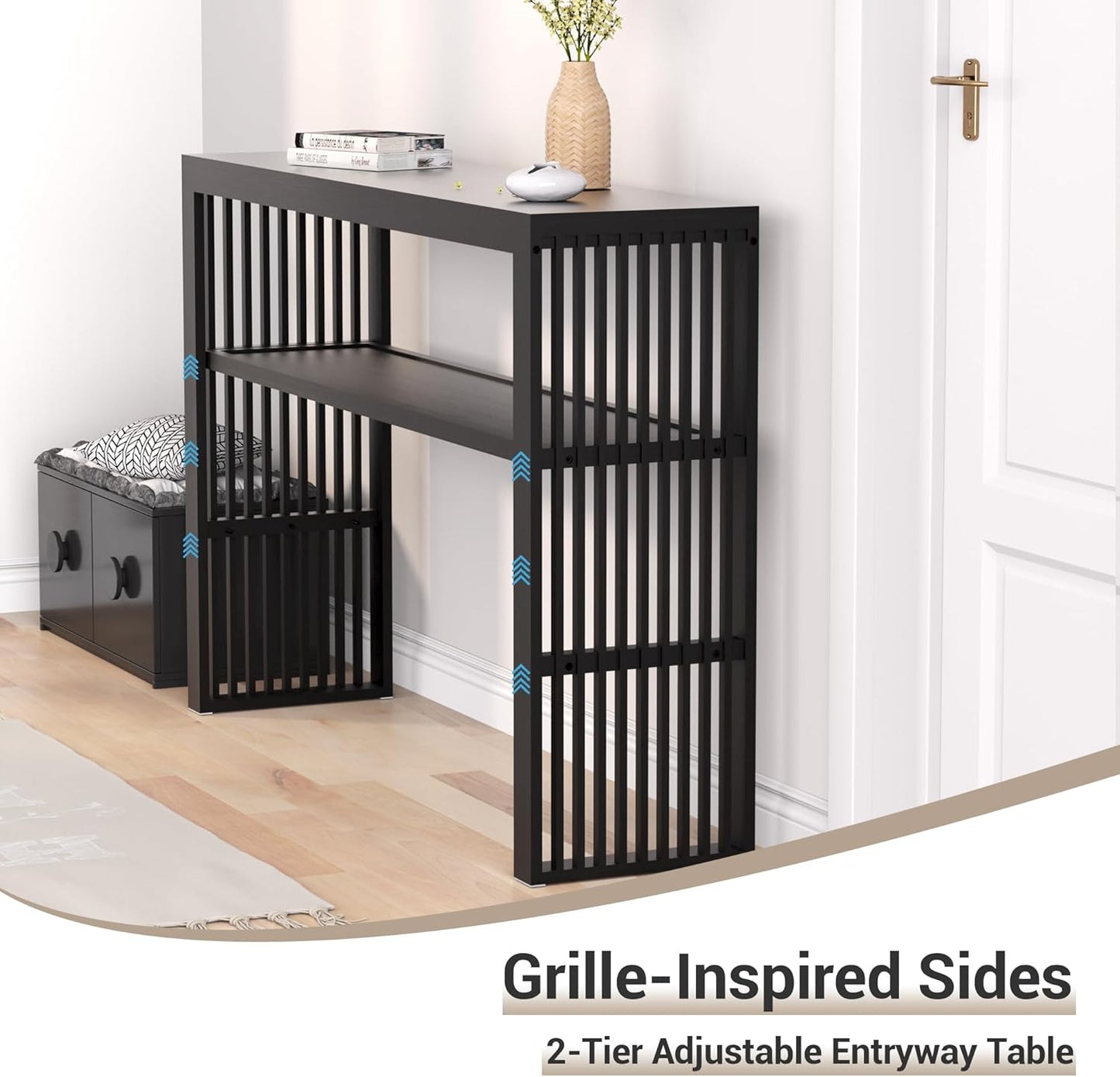 Bamboo Wood Console Table 47.2" Entryway Table, 2-Tier Farmhouse Narrow Sofa Table w/Storage Shelf, Couch Table Behind Sofa Easy Assembly for Entrance, Hallway, Living Room, Foyer(Black)