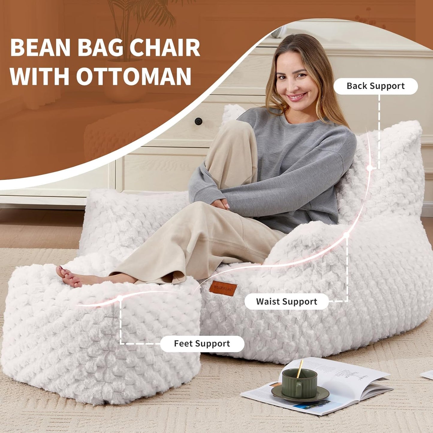 Bean Bag Chair with Ottoman, Modern Giant Bean Bag Couch Sofa with Footstool, Lounge Large Bean Bag Chairs for Adults Teens, Comfy Faux Fur Reading Chair for Bedroom, Living Room