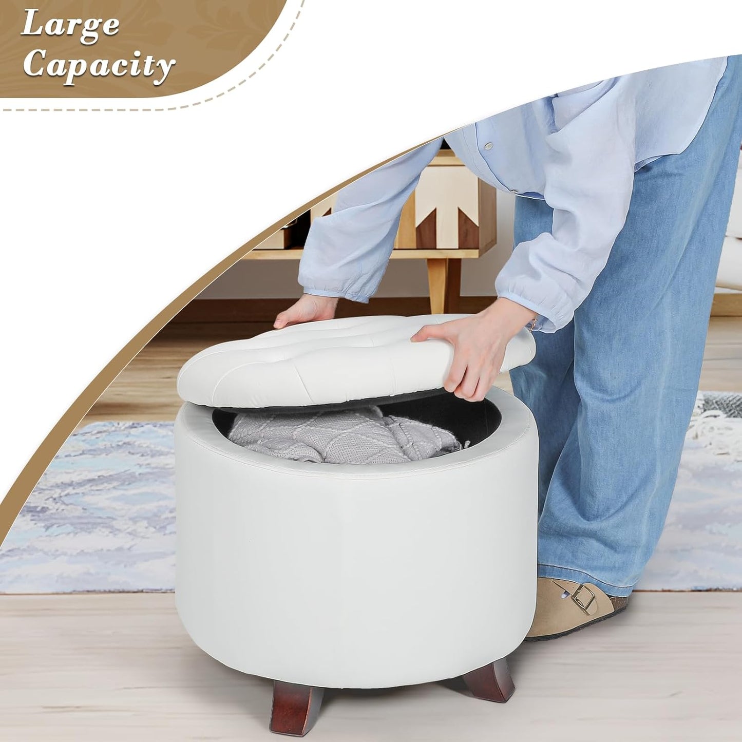 Athena Collection 20 Inch Small Ottoman with Storage, Round PU Leather Storage Ottoman with Removable Lid, Stylish Footstool Foot Rest for Living Room, Bedroom, Dorm, White