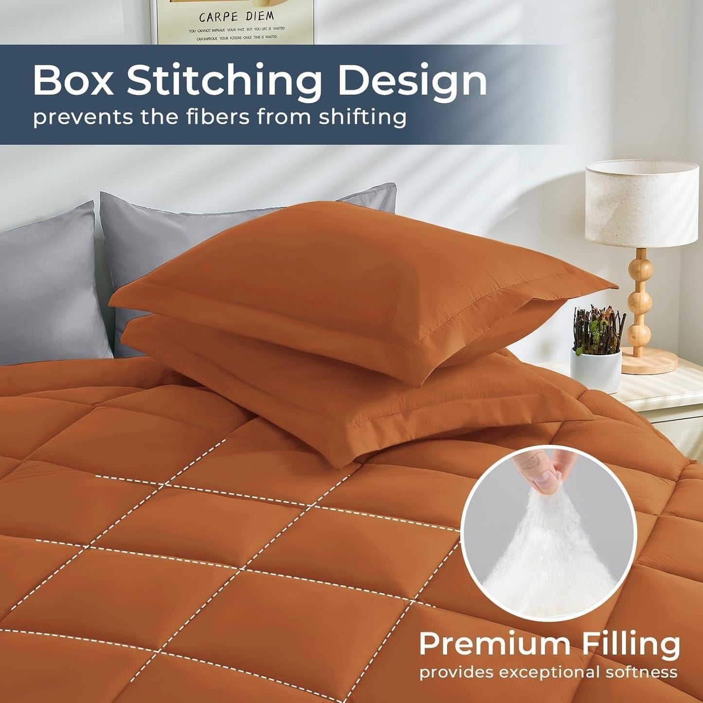 HEVUMYI Cali-King Comforter Set - 7-Piece All Season Bed in a Bag Cali-King, Ultra Soft Bedding Set with Comforter, Flat Sheet, Fitted Sheet, Pillowcases, Pillow Shams, Orange & Light Grey